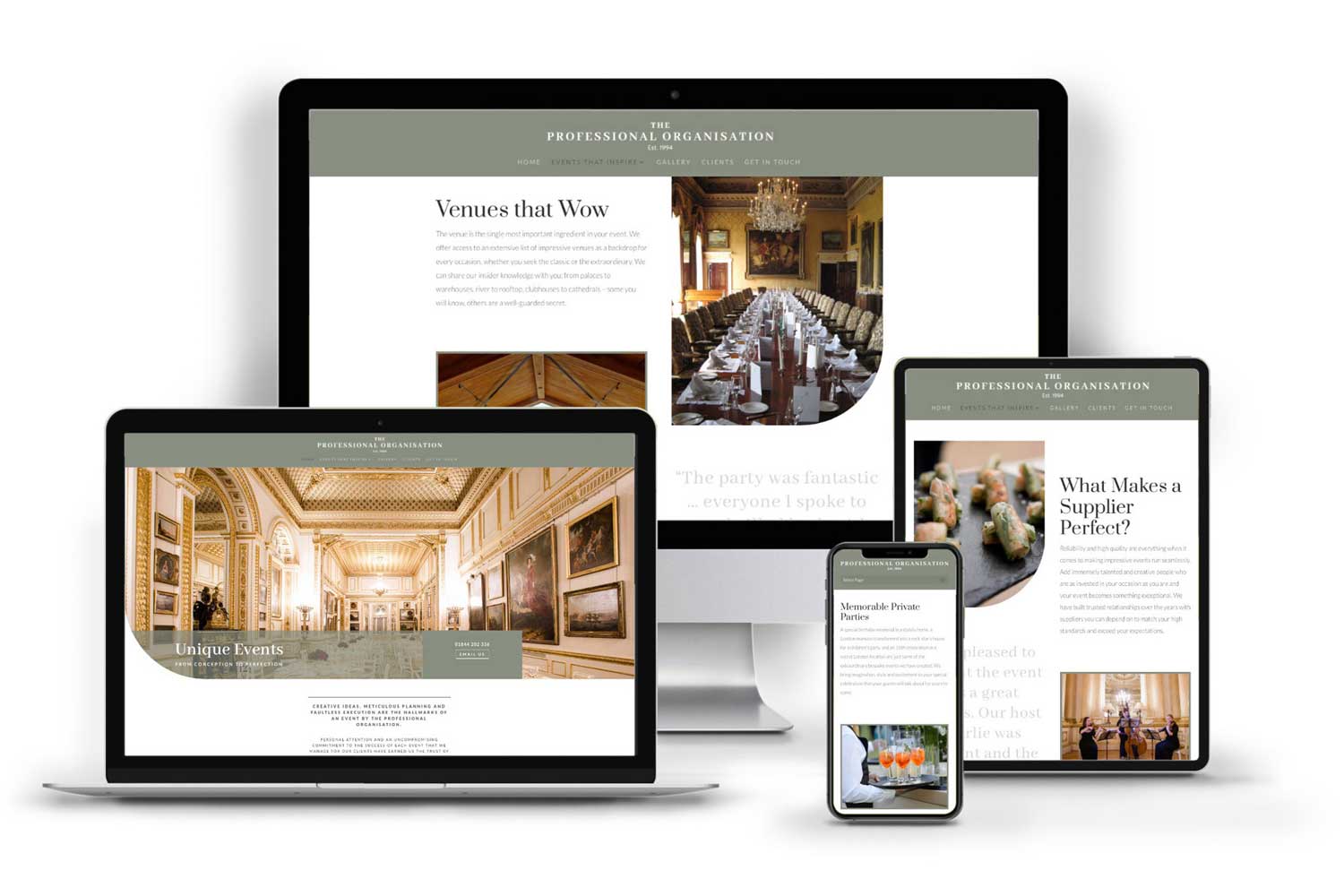Website designs created by a Thame web designer, shown across various screens including a mobile phone, laptop and tablet