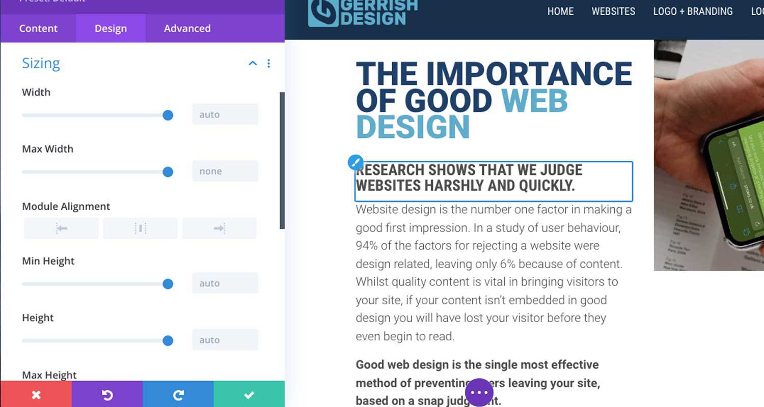 Screenshot of Divi website builder software, showing how custom web designs are created, not template designs