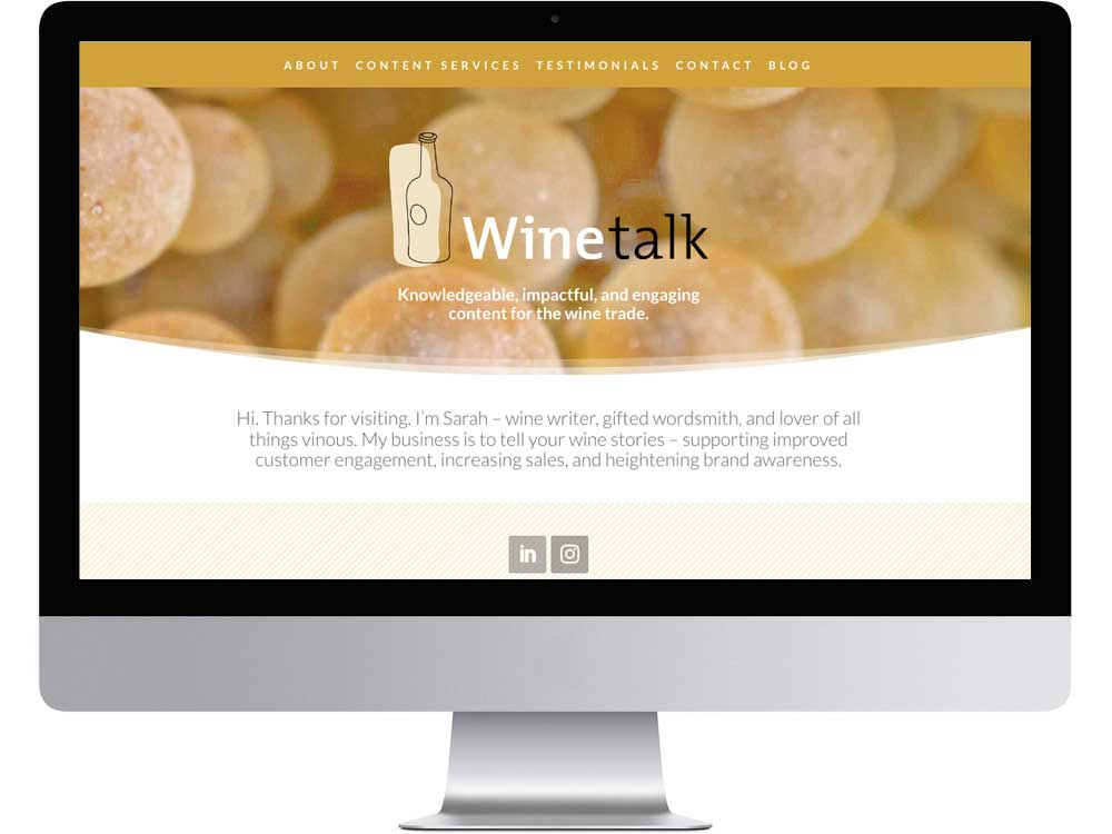 Website home page for Wine Talk, with logo design and responsive web design.