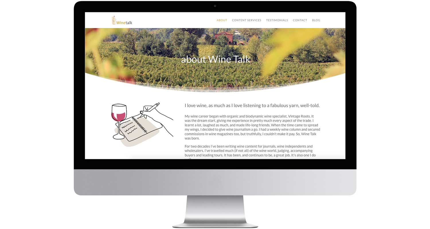 iMac screen showing a custom website design for a wine writer, created by an Oxfordshire WordPress specialist