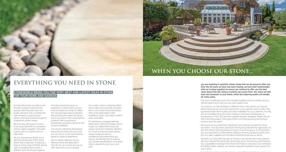 Opening spread of a product catalogue and brochure design for an Oxfordshire stone merchant